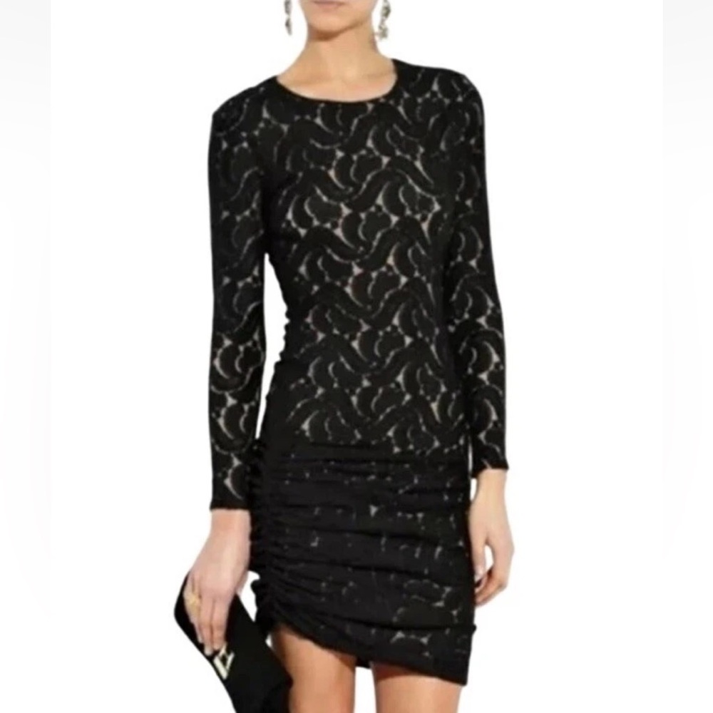 ALC Black Lace Overlay nude underlay Dress Bodycon Sheath Long Sleeve Small new